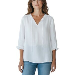 J. JILL 100% Linen 3/4 Roll-tab Sleeves in White Size L— Coastal / Natural Fiber